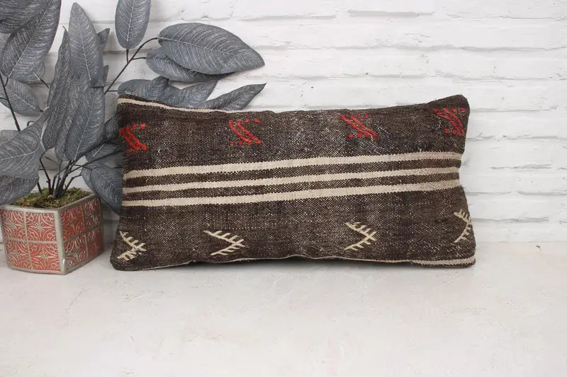 Turkish Pillow, 12x24 Brown Cushion, Outdoor Throw Cushion Case, Kilim Cushion Sham, Luxury Cushion Case, Vintage Kilim Throw Pillow, Pillow Cover - 1