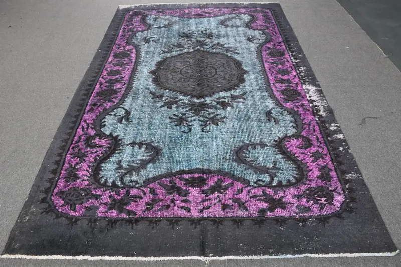 5.7x9.2 ft Rug, Turkish Vintage Rug, Oushak Blue Bordered Rug - 1