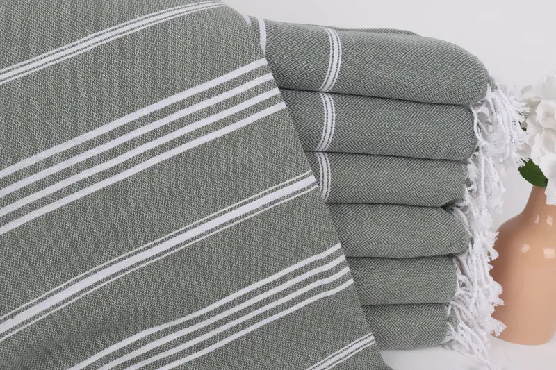 Personalized Turkish Beach Towel Khaki Green Striped, 40x71 Inches