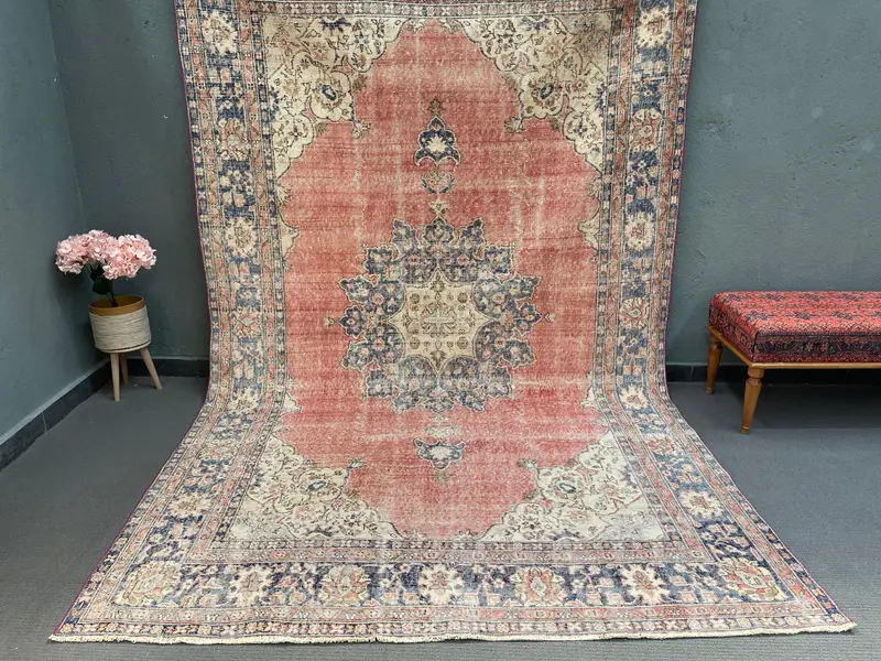 Vintage Turkish Rug, 6.6x10.8 ft Oversize Rug, Red Blue Solid Wool Rug - 1