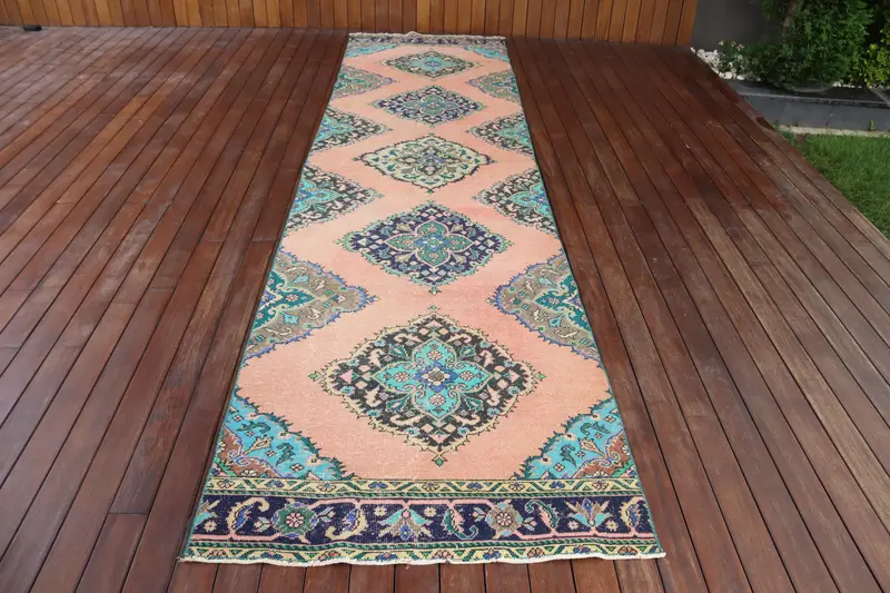 Turkish 3.3x13.2 ft Runner Rug, Vintage Rug, Oushak Blue Striped Rug - 1