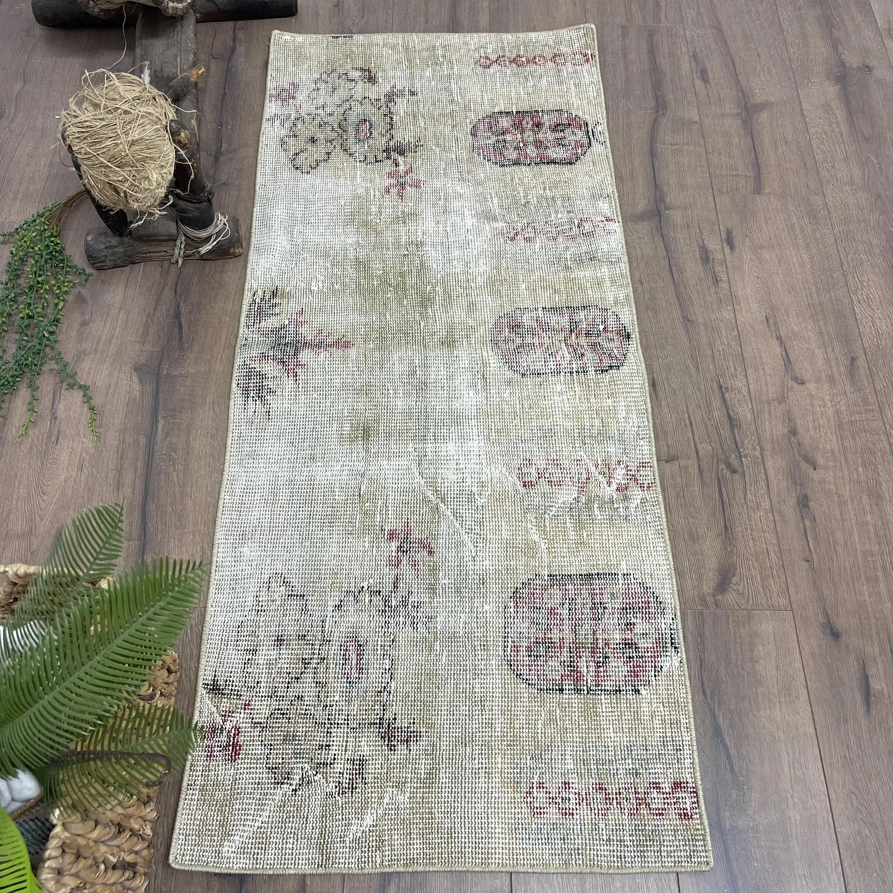 Vintage Small Rug 2x4.8 ft (61x147 cm), Gray Camouflage Turkish Rug - 1