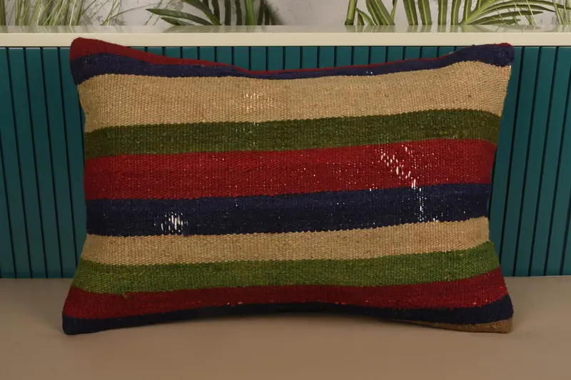 Striped Turkish Art Deco Pillow Sham, Wool Antique 16x24 inch Red Pillowcase - 1