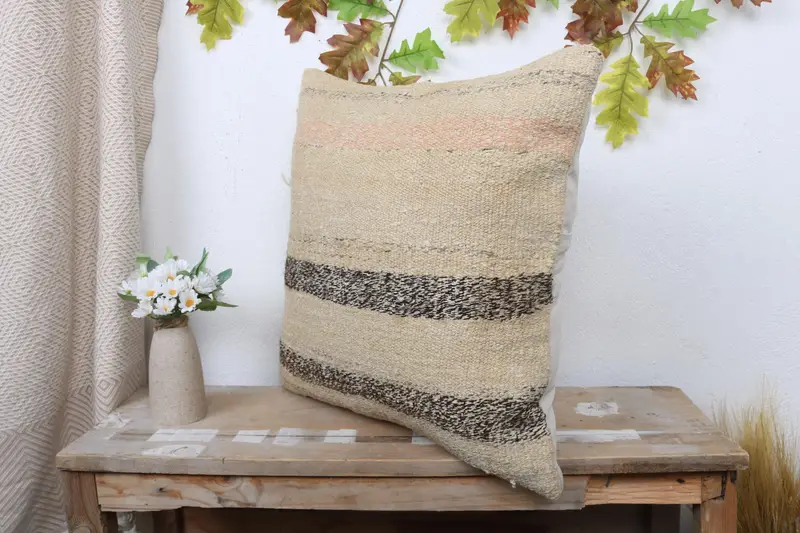 Handmade Kilim Cushion, Garden Pillow Case, Sustainable Pillow, Boho Pillow Sham Cover, Kilim Pillow Cover, 20x20 Beige Pillow, Cushion Case - 4
