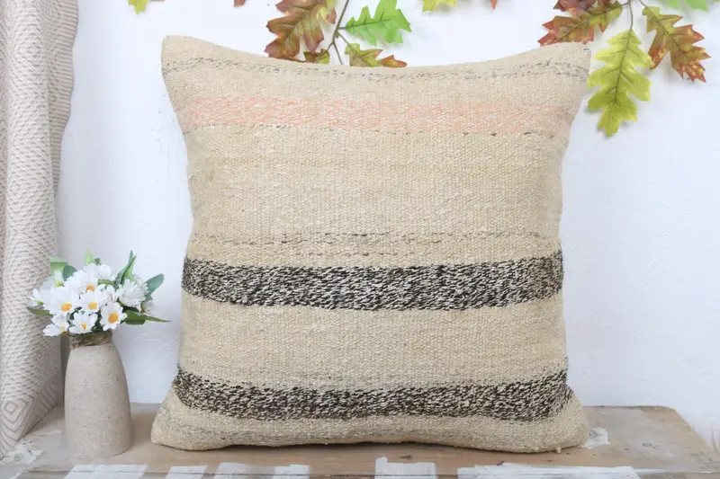 Handmade Kilim Cushion, Garden Pillow Case, Sustainable Pillow, Boho Pillow Sham Cover, Kilim Pillow Cover, 20x20 Beige Pillow, Cushion Case - 2