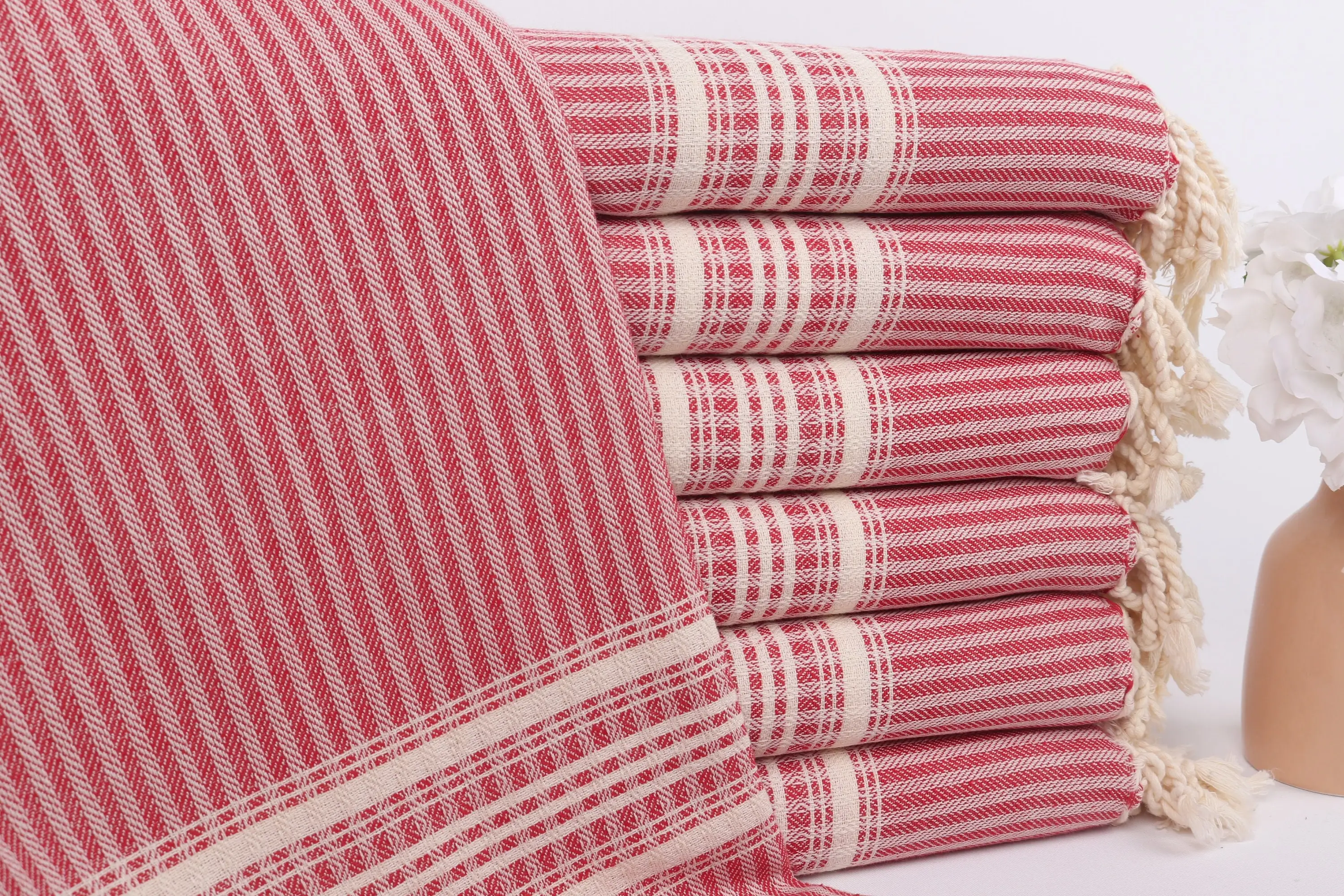 Striped Towel Gift Red Beige Cotton 38x67 Inches, Boho Wedding Gift - 1