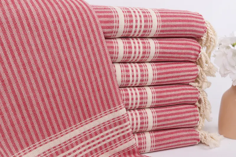 Striped Towel Gift Red Beige Cotton 38x67 Inches, Boho Wedding Gift