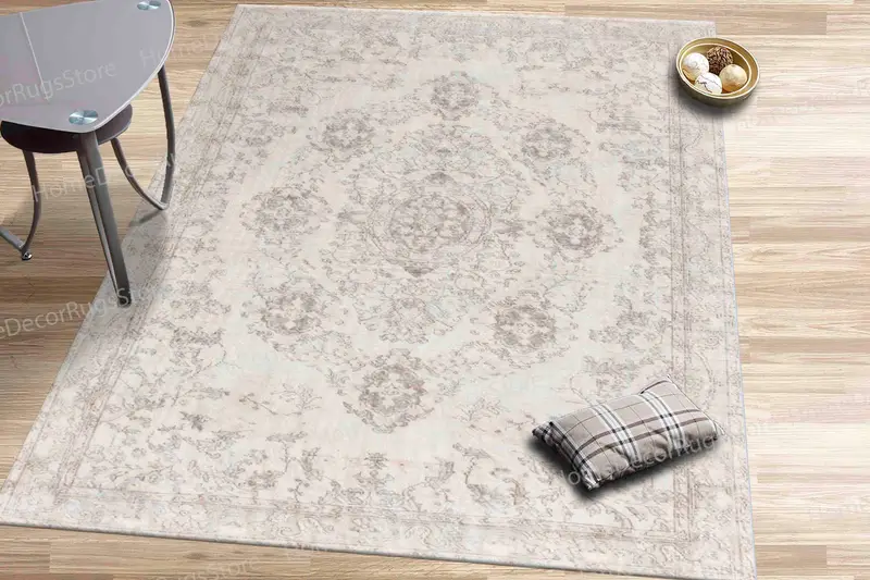 Yumuşak Tonlarda Madalyon Çiçek Baskılı Halı, Antik Etnik Tasarım