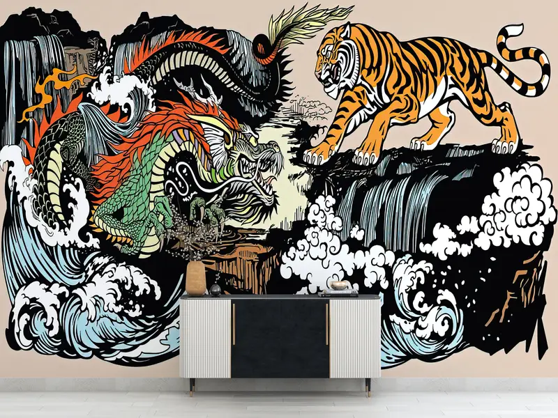 Paper Wall Art ,Bright Wall Paper,Japanese Tiger and Dragon Wall Art,Custom Wall Paper,Utagawa Kuniyoshi Wallpaper, - 2