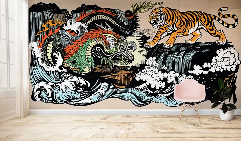 Paper Wall Art ,Bright Wall Paper,Japanese Tiger and Dragon Wall Art,Custom Wall Paper,Utagawa Kuniyoshi Wallpaper, - 3