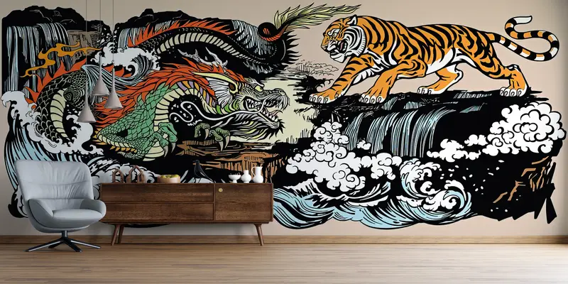 Paper Wall Art ,Bright Wall Paper,Japanese Tiger and Dragon Wall Art,Custom Wall Paper,Utagawa Kuniyoshi Wallpaper, - 4