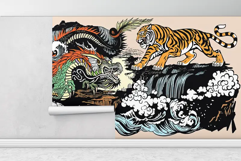 Paper Wall Art ,Bright Wall Paper,Japanese Tiger and Dragon Wall Art,Custom Wall Paper,Utagawa Kuniyoshi Wallpaper, - 6