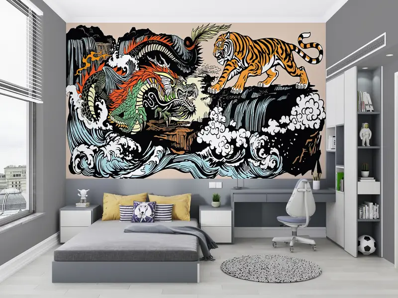 Paper Wall Art ,Bright Wall Paper,Japanese Tiger and Dragon Wall Art,Custom Wall Paper,Utagawa Kuniyoshi Wallpaper, - 8