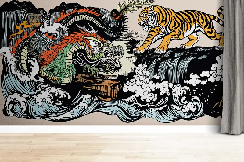 Paper Wall Art ,Bright Wall Paper,Japanese Tiger and Dragon Wall Art,Custom Wall Paper,Utagawa Kuniyoshi Wallpaper, - 1