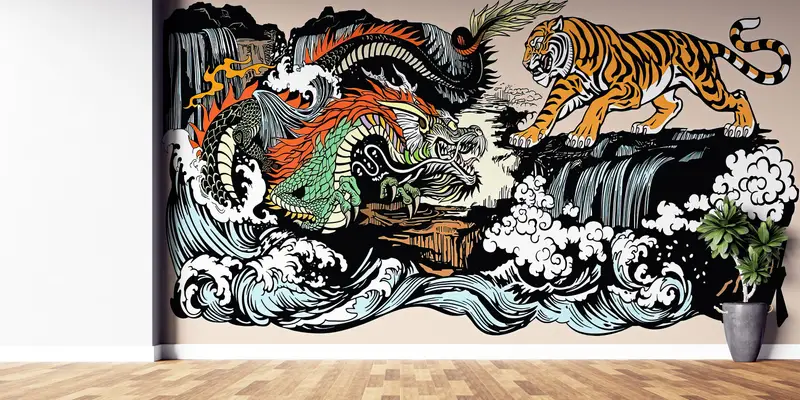Paper Wall Art ,Bright Wall Paper,Japanese Tiger and Dragon Wall Art,Custom Wall Paper,Utagawa Kuniyoshi Wallpaper, - 7