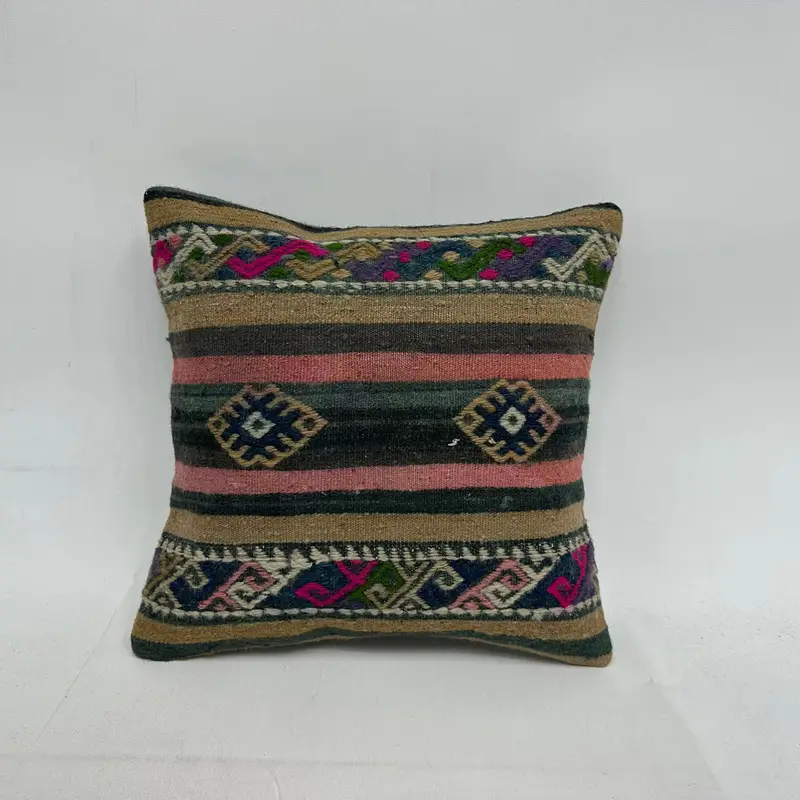 Vintage Pillow, Kilim Pillow Cover, Pillow Sham, Nomadic Cushion Cover, 16x16 Blue Pillow, Rustic Pillow Case, Handmade Kilim Cushion - 1
