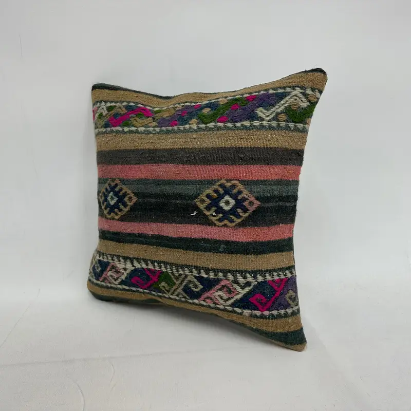 Vintage Pillow, Kilim Pillow Cover, Pillow Sham, Nomadic Cushion Cover, 16x16 Blue Pillow, Rustic Pillow Case, Handmade Kilim Cushion - 3