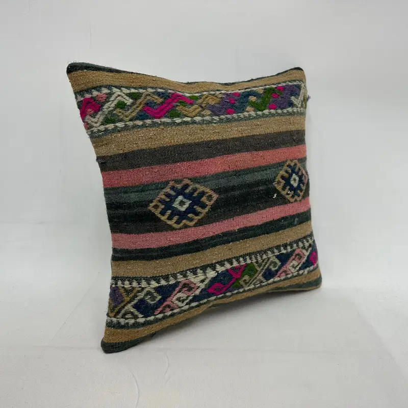 Vintage Pillow, Kilim Pillow Cover, Pillow Sham, Nomadic Cushion Cover, 16x16 Blue Pillow, Rustic Pillow Case, Handmade Kilim Cushion - 2