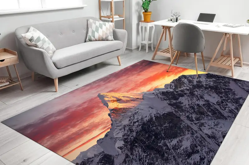 Alfombra Estampada Elegante: Paisaje Natural Del Atardecer De Montaña