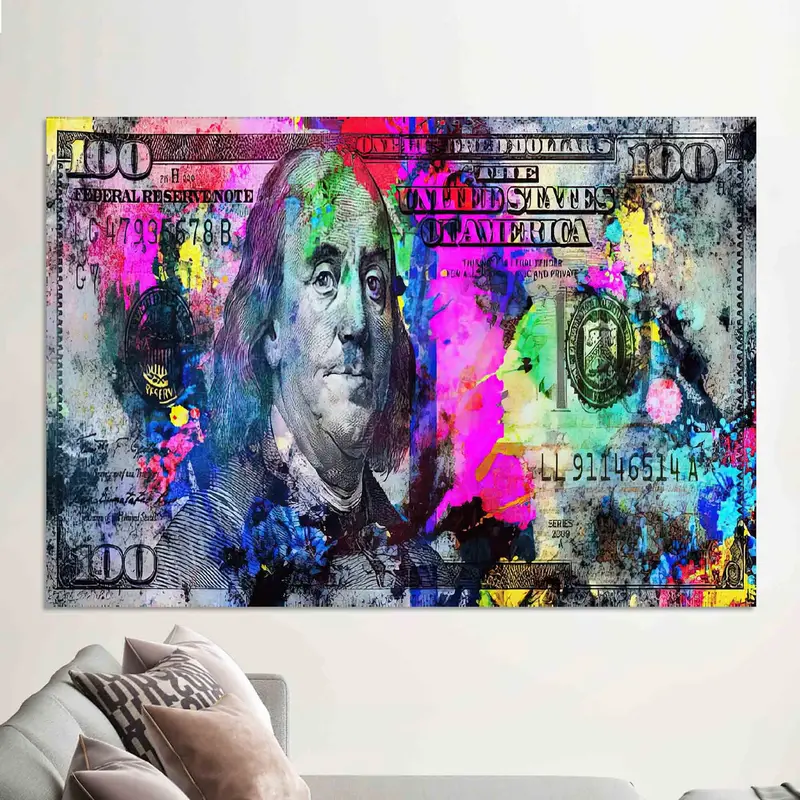 100 Bill Cash, 100 Dollar Wall Art, Benjamin Franklin Wall Decor, Money Wall Art, Dollar Canvas, 100 Dollars Bill, Colorful Wall Art, - 2