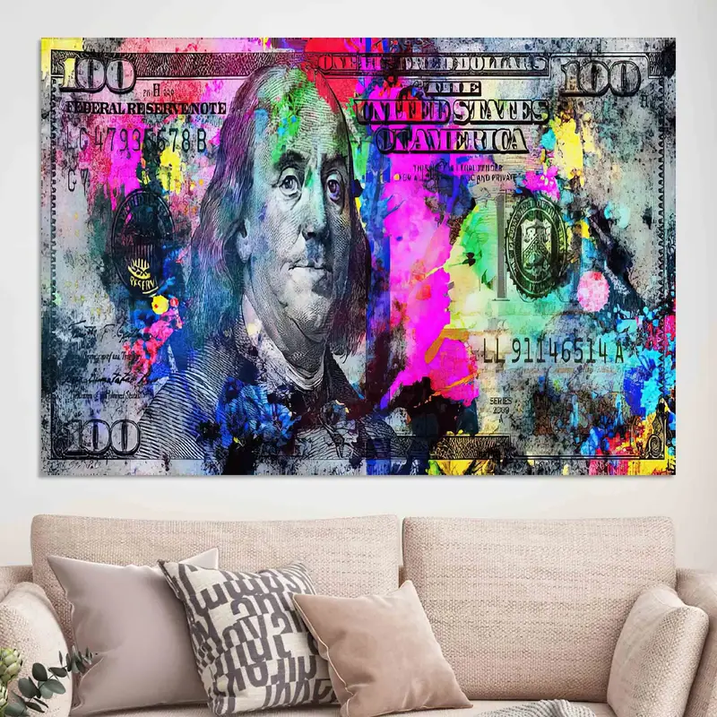 100 Bill Cash, 100 Dollar Wall Art, Benjamin Franklin Wall Decor, Money Wall Art, Dollar Canvas, 100 Dollars Bill, Colorful Wall Art, - 3