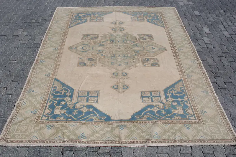 7.7x9.7 ft Turkish Rug, Vintage Oversize Rug, Blue Green Striped Rug - 1