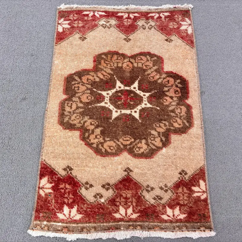 Elegant Beige Persian Rug, 0.1x2.1 ft with Red Accents