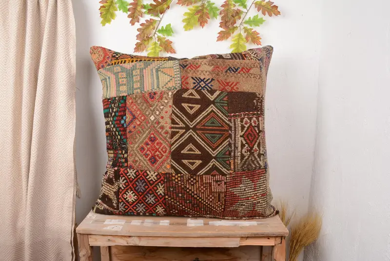 Brown & Beige Patchwork Throw Pillow, 32x32 Embroidered Cushion
