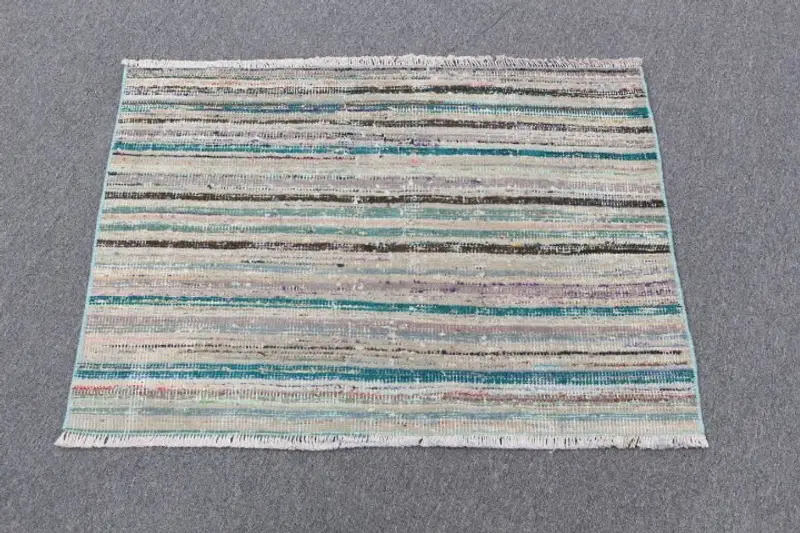 Bej & Yeşil Çizgili Halı, 2,2x2,17 ft Şık Dekor