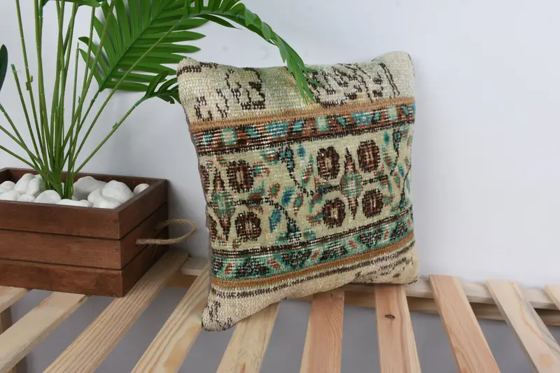 Kilim Rug Pillow, Pillow for Sofa, Pillow, Authentic Cushion Case, 14x14 Beige Pillow, Boho Pillow Sham Cover, Throw Kilim Pillow - 4