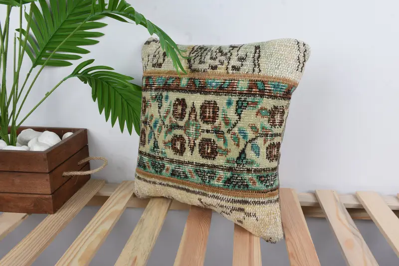 Kilim Rug Pillow, Pillow for Sofa, Pillow, Authentic Cushion Case, 14x14 Beige Pillow, Boho Pillow Sham Cover, Throw Kilim Pillow - 5