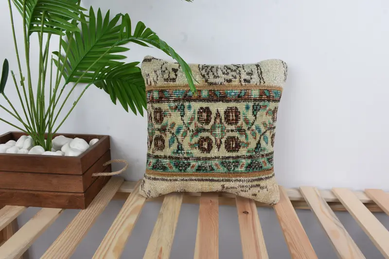 Kilim Rug Pillow, Pillow for Sofa, Pillow, Authentic Cushion Case, 14x14 Beige Pillow, Boho Pillow Sham Cover, Throw Kilim Pillow - 1
