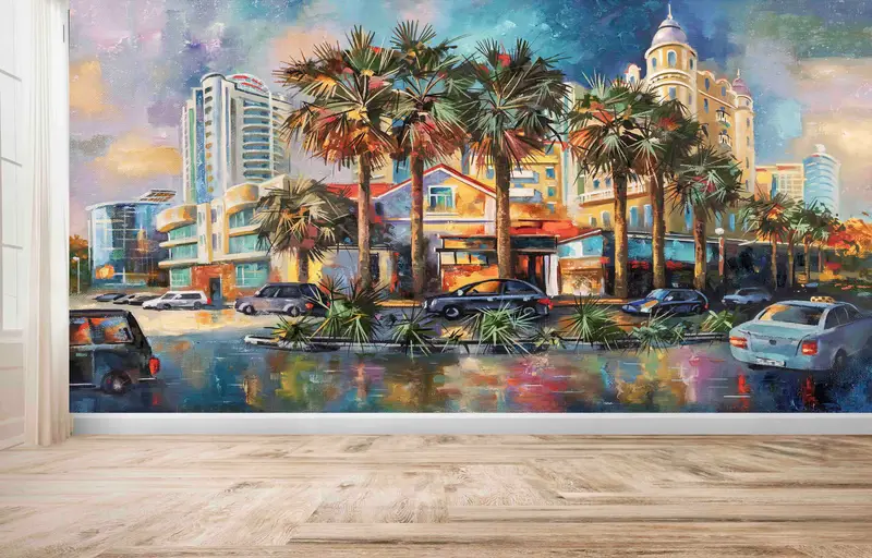 Papel pintado impreso moderno: vibrante paisaje urbano con palmeras