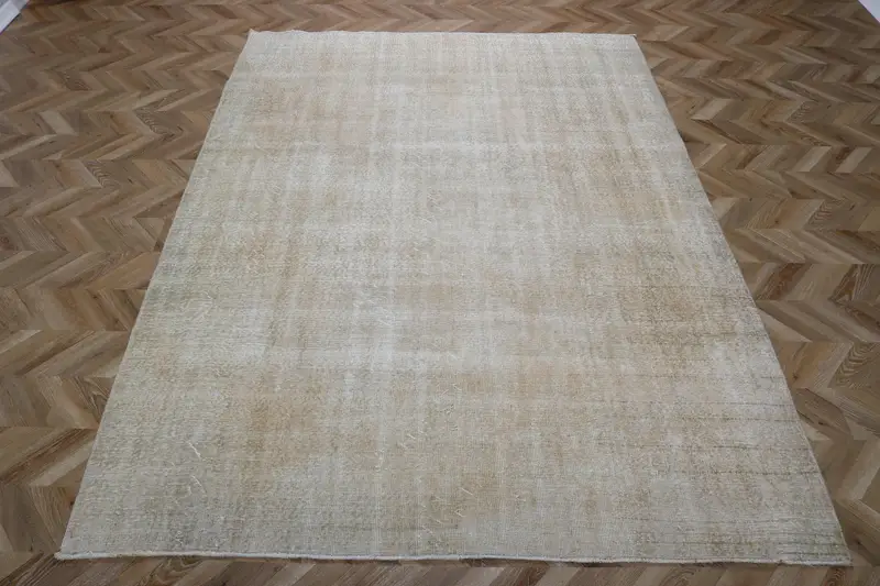 6.8x9.4 ft Rug, Vintage Turkish Rug, Gray Oushak Wool Rug - 1