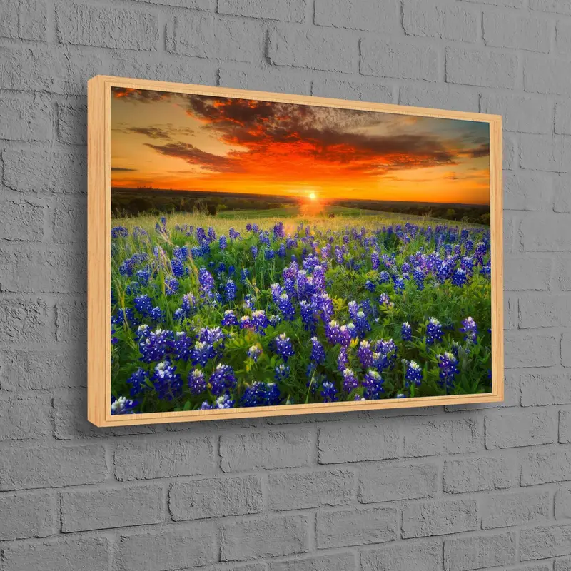 エレガントなサンセット キャンバス: 鮮やかな野原と山の風景プリント