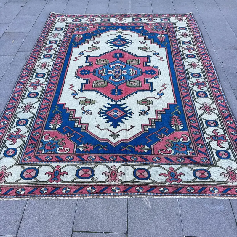 El Yapımı Mavi & Kırmızı Geometrik Halı, Klasik Tarz Halı