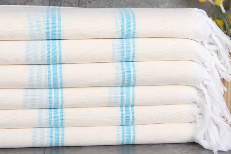 Embroidered Beach Towel Turquoise Beige Stripes Organic 71x40 Inches