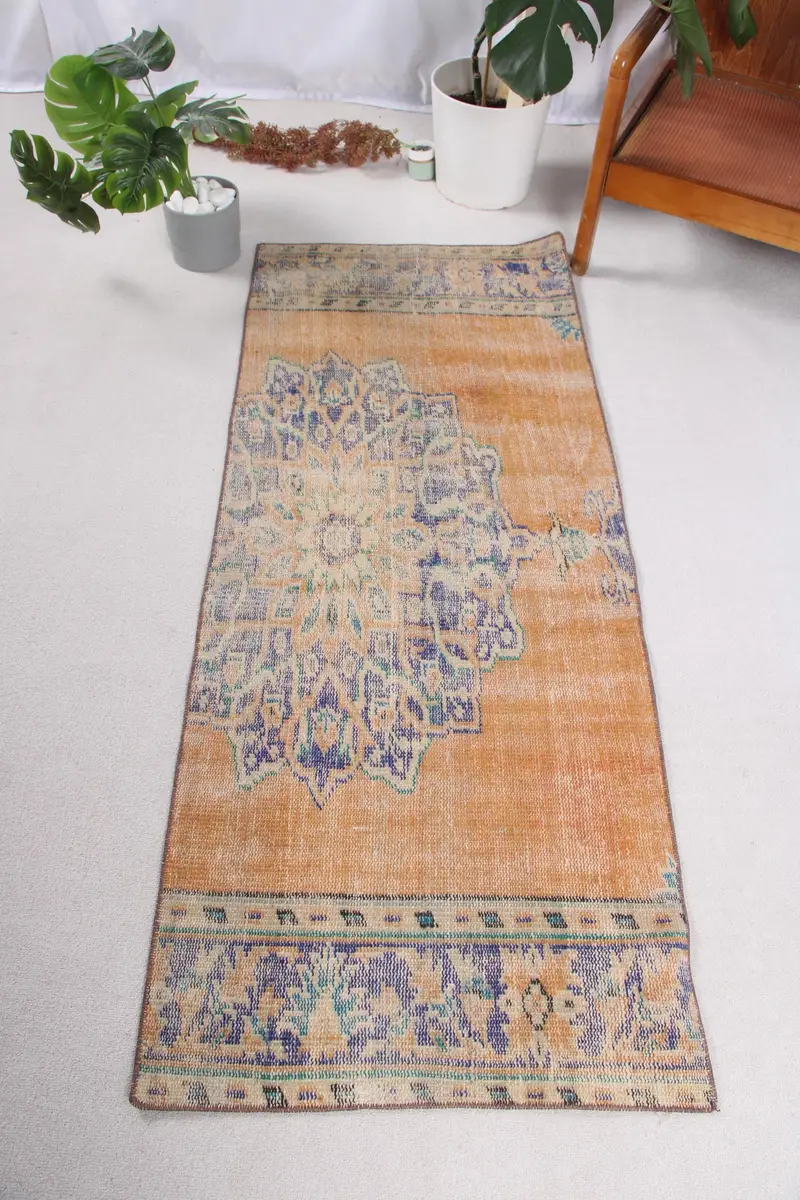 Orange & Blue Rug, 2.3x5.7 ft Striped Geometric Design