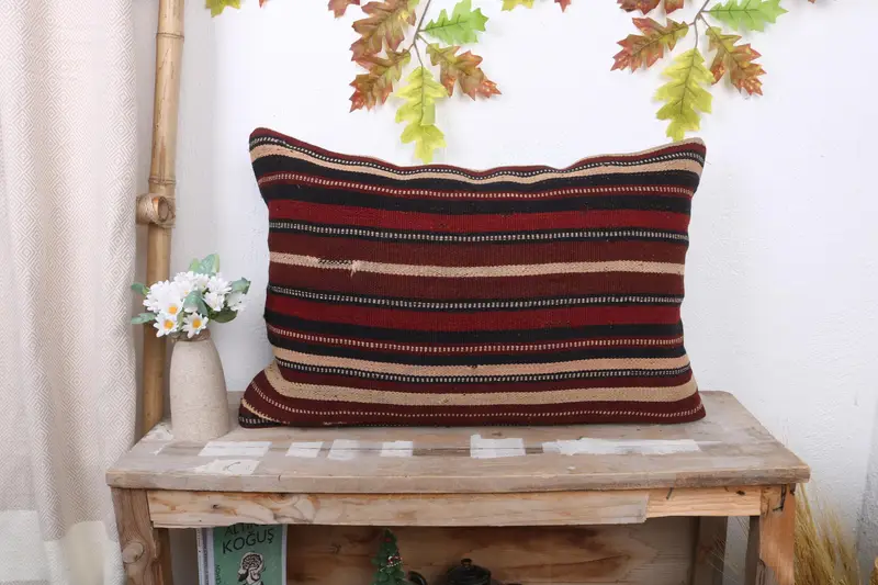 Rot & Beige gestreiftes Wurfkissen, 16x24 handgemachtes Kissen