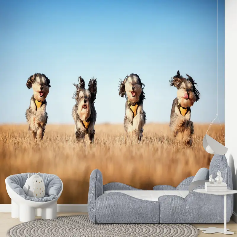 Paper Wall Art ,Four Cute Dogs Wall Decor,Dog Wall Decor,Bright Wall Paper,3d Wall Paper,Cute Running Dogs,Animal Wall Paper, - 6