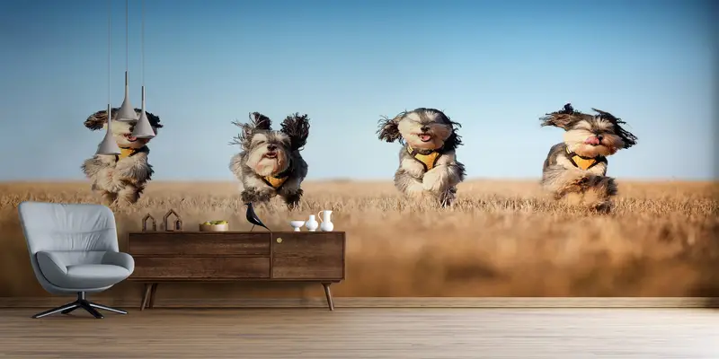 Paper Wall Art ,Four Cute Dogs Wall Decor,Dog Wall Decor,Bright Wall Paper,3d Wall Paper,Cute Running Dogs,Animal Wall Paper, - 3