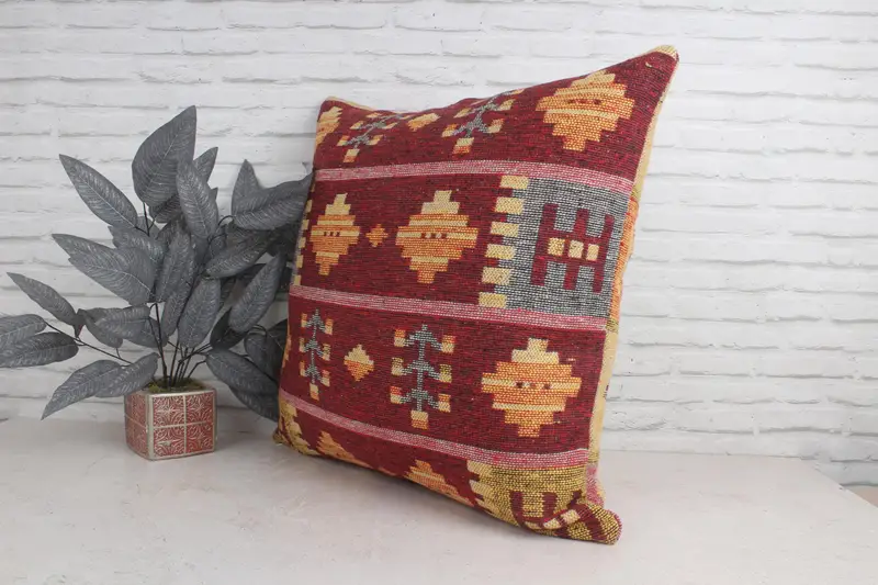 Turkish Kilim Pillow, Ethnical Kilim Rug Pillow, 28x28 Red Cushion Case, Decorative Throw Cushion Cover, Vintage Pillow, Pillow Case - 4