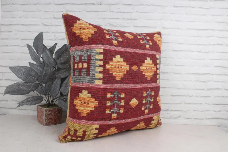Turkish Kilim Pillow, Ethnical Kilim Rug Pillow, 28x28 Red Cushion Case, Decorative Throw Cushion Cover, Vintage Pillow, Pillow Case - 3