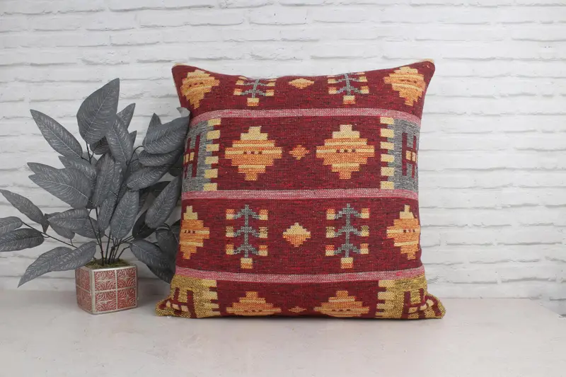Turkish Kilim Pillow, Ethnical Kilim Rug Pillow, 28x28 Red Cushion Case, Decorative Throw Cushion Cover, Vintage Pillow, Pillow Case - 1