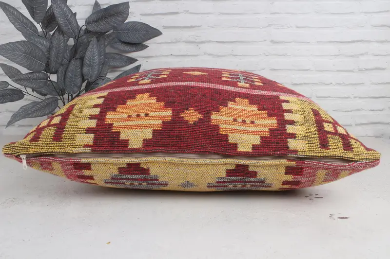 Turkish Kilim Pillow, Ethnical Kilim Rug Pillow, 28x28 Red Cushion Case, Decorative Throw Cushion Cover, Vintage Pillow, Pillow Case - 5