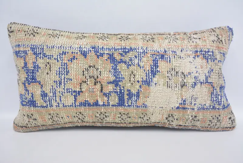 Cushion Cover, Turkish Kilim Pillow, Knitted Pillow Cover, Anatolian Pillow Sham, 12x24 Blue Cushion, Antique Pillows, Pillow for Couch - 1