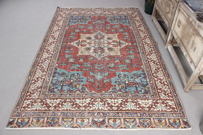 Handmade Red & Blue Rug, 4.3x8 ft Botanical Design