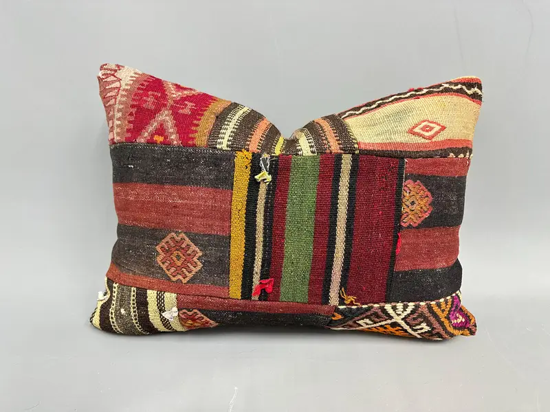 Rot & Orange Patchwork Kissen, Vintage besticktes Kissen