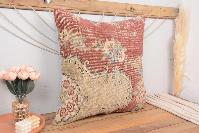 Rot-grünes Blumen-Wurfkissen, 28x28 Vintage besticktes Kissen