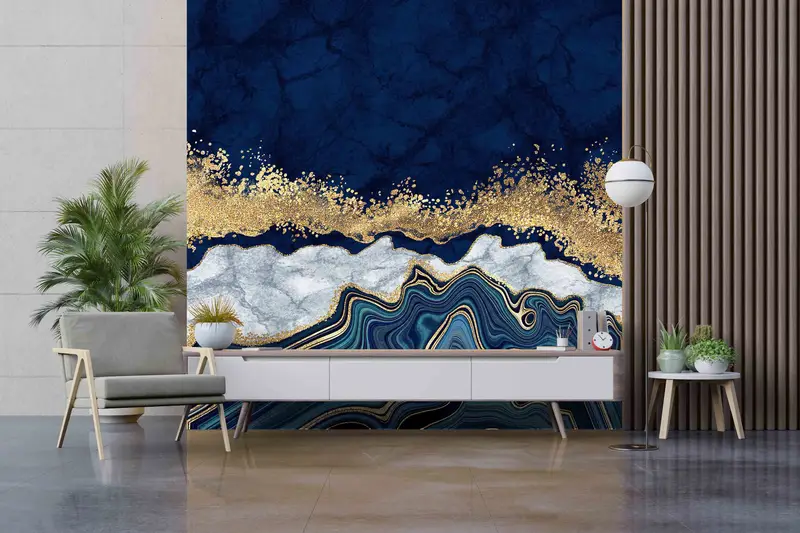 Luxury Marble Wallpaper, Blue Gold Marble Wall Mural, Alcohol Ink Wall Painting, 3D Wall Art, Contemporary Wall Art, Paper Wall Art, - 3